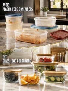 glass containers for food storage stacked with lids