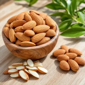 bowl of raw almonds shown for their nutrition and health benefits